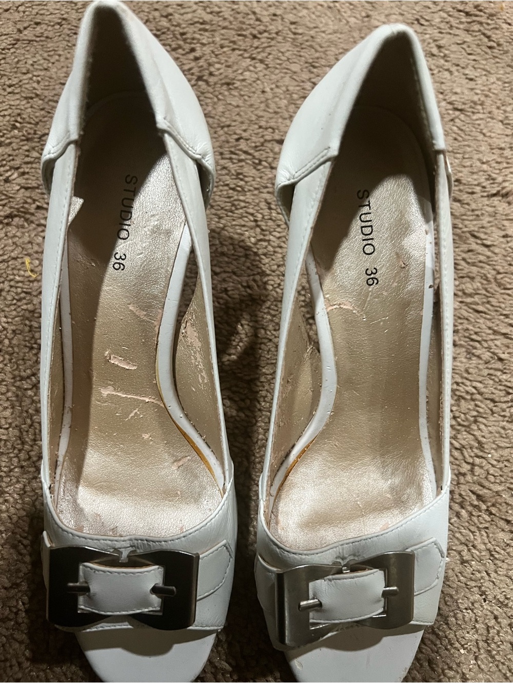 Studio White Peep-Toe Heels with Silver Buckle